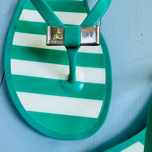 Coach Flip-Flops Green Striped with Metal Bow Women's Size 10 Coach Resort Wear - Picture 4 of 4